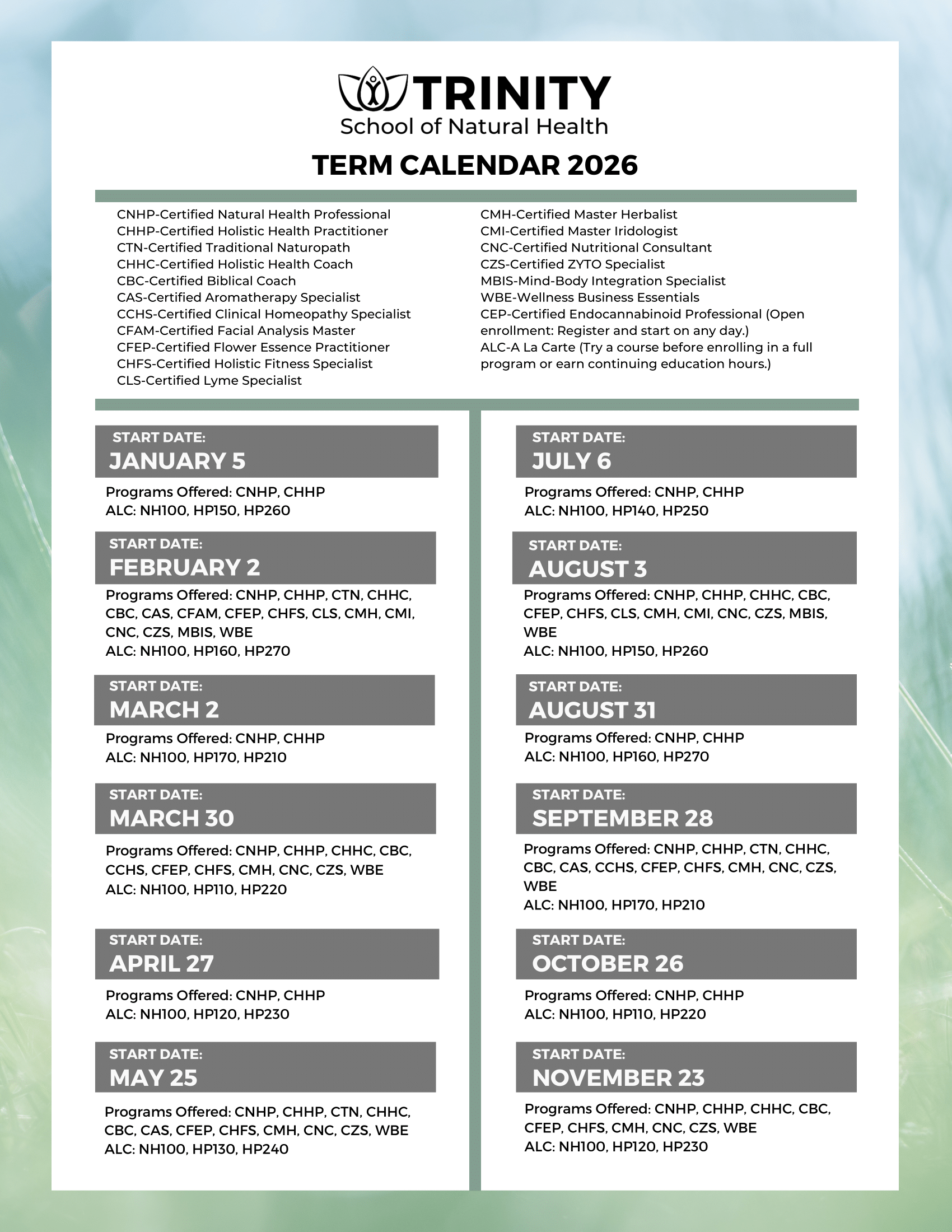 2026 Term Start Calendar